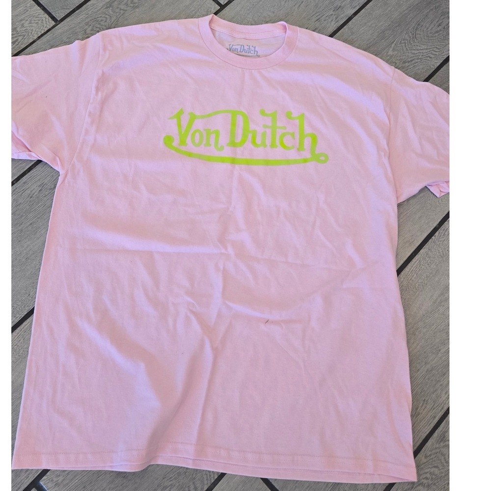 Von Dutch Pink T-Shirt Neon Green Logo Graphic Y2K Streetwear XL